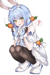 Rule 34 | !, 2girls, @ @, absurdres, animal ears, arm cuffs, black gloves, black pantyhose, blue hair, bow, braid, carrot, dress, gloves, hair bow, highres, hololive, light blue hair, low twin braids, multicolored hair, multiple girls, nervous, ohw8g, pantyhose, rabbit ears, rabbit tail, squatting, sweat, sweatdrop, tail, twin braids, two-tone hair, usada pekora, usada pekora (1st costume), virtual youtuber, wavy mouth, white bow, white dress, white footwear, white hair, yellow eyes