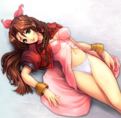 Rule 34 | 1990s (style), 1girl, aerith gainsborough, bow, brown hair, cropped jacket, dress, drill hair, final fantasy, final fantasy vii, green eyes, jacket, long dress, long hair, lying, navel, on back, open clothes, panties, pink bow, pink dress, retro artstyle, solo, square enix, underwear, yoko juusuke