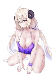 Rule 34 | 1girl, absurdres, bikini, blonde hair, breasts, cleavage, closed mouth, counter:side, expressionless, flower, hair flower, hair ornament, halterneck, highres, horns, kneeling, large breasts, long hair, looking at viewer, lulu (counter:side), pink eyes, purple bikini, royalmonkey, scrunchie, sheep horns, shiny skin, solo, swimsuit, symbol-shaped pupils, thighs, transparent background, twintails, very long hair, wrist scrunchie, x-shaped pupils