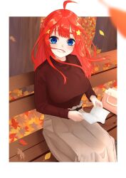 Rule 34 | 1girl, autumn leaves, breasts, dress, go-toubun no hanayome, highres, hiyoku, large breasts, nakano itsuki, reading, red hair, solo, sweater, wind