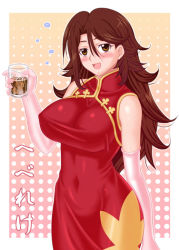 Rule 34 | 00s, 1girl, alcohol, breasts, china dress, chinese clothes, cleavage, dress, elbow gloves, gloves, gundam, gundam 00, huge breasts, impossible clothes, impossible dress, solo, sumeragi lee noriega, tonbidou