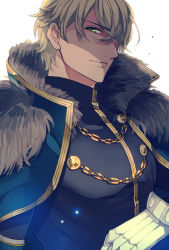 Rule 34 | 1boy, closed mouth, fate/grand order, fate (series), fur, gawain (fate), gloves, green eyes, hair over one eye, lips, looking at viewer, male focus, nishi juuji, one eye covered, simple background, solo, uniform, upper body, white background, white gloves