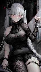 Rule 34 | 1girl, absurdres, arknights, ascot, asymmetrical clothes, bad id, bad pixiv id, binggong asylum, black ascot, black dress, black legwear, black nails, blunt bangs, blush, bound, bound wrists, breasts, chain, chained sarkaz girl, closed mouth, covered navel, cuffs, demon horns, dress, earrings, eyes visible through hair, hair over eyes, highres, horns, jewelry, large breasts, long hair, looking at viewer, nail polish, pale skin, pointy ears, red eyes, shackles, silver hair, single bare shoulder, single leg pantyhose, sitting, skindentation, solo, thigh strap, twintails, very long hair, wristband