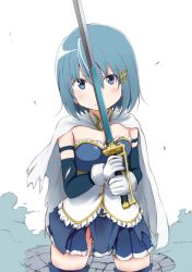 Rule 34 | 1girl, absurdres, blue eyes, blue hair, blue skirt, blush, breasts, cape, cleavage, corset, cowboy shot, fortissimo, frown, gloves, gluteal fold, hair between eyes, hair ornament, highres, holding, holding sword, holding weapon, mahou shoujo madoka magica, mahou shoujo madoka magica (anime), medium hair, miki sayaka, musical note, musical note hair ornament, skirt, small breasts, solo, sword, thighhighs, torn cape, torn clothes, torn skirt, tsunaniki, weapon, white cape, white corset, white gloves