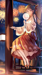 Rule 34 | 1girl, absurdly long hair, absurdres, alternate hair length, alternate hairstyle, bow, brown eyes, brown hair, chinese clothes, chinese new year, closed mouth, commentary request, fireworks, full body, hair bow, hair tubes, hakurei reimu, hanfu, highres, holding, holding stick, jiege, lantern, light blush, long hair, looking at viewer, night, night sky, no socks, pillar, pink robe, pleated skirt, red footwear, robe, sidelocks, sitting, skirt, sky, smile, solo, stick, touhou, very long hair