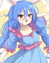 Rule 34 | 1girl, :3, :d, animal ears, blue dress, blue hair, collarbone, dress, highres, long hair, looking at viewer, low twintails, neko mata, open mouth, rabbit ears, rabbit girl, red eyes, seiran (touhou), short sleeves, smile, solo, star (symbol), touhou, twintails, upper body