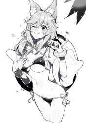 Rule 34 | 1girl, ;q, animal ear fluff, animal ears, bikini, blush, breasts, cleavage, closed mouth, fate/grand order, fate (series), fox ears, greyscale, hair between eyes, hand on own chest, hands up, innertube, large breasts, long hair, looking at viewer, monochrome, nose blush, one eye closed, ririko (zhuoyandesailaer), see-through, side-tie bikini bottom, simple background, solo, swim ring, swimsuit, tamamo (fate), tamamo no mae (fate/extra), tamamo no mae (swimsuit lancer) (fate), thick eyebrows, tongue, tongue out, transparent, white background