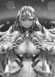 Rule 34 | 1girl, armor, bare shoulders, blush, breasts, cleavage, cleavage cutout, clothing cutout, cowboy shot, gloves, greyscale, grin, highres, jewelry, kei (bekei), large breasts, long hair, looking at viewer, monochrome, mythra (xenoblade), nintendo, nipples, smile, solo, swept bangs, tiara, xenoblade chronicles (series), xenoblade chronicles 2