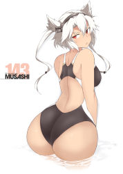 Rule 34 | 1girl, :o, ass, back, black one-piece swimsuit, breasts, competition swimsuit, dark-skinned female, dark skin, grey hair, headgear, kantai collection, large breasts, looking back, multicolored clothes, musashi (kancolle), musashi kai ni (kancolle), one-piece swimsuit, open mouth, red eyes, ripples, shigino sohuzi, short hair, simple background, solo, standing, swimsuit