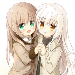 Rule 34 | 2girls, :d, :o, black sweater, blush, brown coat, brown eyes, coat, collared shirt, green eyes, grey coat, hand up, interlocked fingers, light brown hair, long hair, long sleeves, looking at viewer, multiple girls, open mouth, original, parted lips, shirt, simple background, smile, sweater, upper body, very long hair, white background, white hair, white shirt, yuuhagi (amaretto-no-natsu)