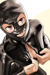 Rule 34 | 1girl, bad id, bad pixiv id, bodysuit, breasts, brown eyes, center opening, cleavage, covered face, gimp mask, highres, kilye kairi, latex, looking up, mask, original, simple background, smile, solo