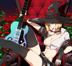 Rule 34 | 1girl, :p, ariss desuyo, black choker, black footwear, black hat, black jacket, black nails, black shorts, blonde hair, blue eyes, boots, breasts, choker, cleavage, electric guitar, flower, guilty gear, guilty gear strive, guitar, hat, holding, holding guitar, holding instrument, i-no, instrument, jacket, large breasts, looking at viewer, mole, mole above mouth, navel, off shoulder, red flower, red rose, rose, shirt, short hair, shorts, sitting, thigh boots, tongue, tongue out, venus symbol, white shirt, witch hat