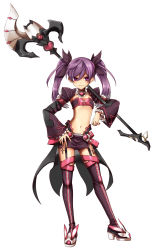Rule 34 | 1girl, aisha landar, bad id, bad pixiv id, bandeau, boots, contrapposto, detached collar, elsword, flat chest, full body, garter straps, hand on own hip, highres, limble, long hair, midriff, navel, over shoulder, purple eyes, purple footwear, purple hair, purple skirt, purple thighhighs, skirt, smile, solo, staff, standing, thigh boots, thighhighs, twintails, void princess, void princess (elsword), white background