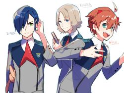 Rule 34 | 10s, 3boys, ahoge, bad id, bad twitter id, blue eyes, blue hair, bluel, carrying, carrying under arm, character name, darling in the franxx, genderswap, genderswap (ftm), green eyes, ichigo (darling in the franxx), kokoro (darling in the franxx), male focus, miku (darling in the franxx), multiple boys, orange hair, simple background, stuffed animal, stuffed rabbit, stuffed toy, upper body, wavy hair, white background