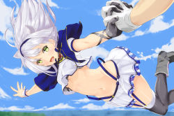 Rule 34 | 1girl, :d, alzano school uniform, black gloves, black thighhighs, boots, breasts, capelet, cloud, covered erect nipples, crop top, day, falling, garter straps, gloves, green eyes, groin, hairband, holding hands, kakari, long hair, looking at viewer, medium breasts, midriff, miniskirt, navel, no bra, open mouth, outstretched arms, pleated skirt, puffy short sleeves, puffy sleeves, rokudenashi majutsu koushi to akashic record, school uniform, short sleeves, silver hair, single glove, sistine fibel, skirt, sky, smile, suspenders, thighhighs, white gloves, wrist cuffs, zettai ryouiki