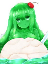 Rule 34 | 1girl, cherry, food, fruit, green eyes, green hair, ice cream, looking at viewer, monster girl, rethnick, slime girl, smile, solo