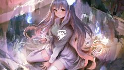 Rule 34 | 1girl, album cover, between legs, blush, bow, breasts, cover, dress, from above, ghost, glowing, grey hair, hair bow, hand between legs, highres, hitodama, holding, light, lm7 (op-center), long hair, long sleeves, looking at viewer, no shoes, nose blush, original, photo (object), reflection, sitting, sketch, solo, thighhighs, very long hair, wariza, water, watermark, white background, white dress, white thighhighs, yellow eyes, zettai ryouiki