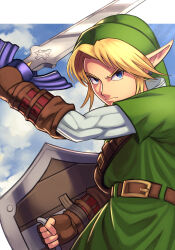 Rule 34 | 1boy, absurdres, belt, blonde hair, blue eyes, brown gloves, closed mouth, earrings, fingerless gloves, gloves, green hat, green tunic, hat, highres, holding, holding shield, holding sword, holding weapon, jewelry, link, master sword, nintendo, parted bangs, pointy ears, serious, shield, short hair, silverchariotx, solo, sword, the legend of zelda, the legend of zelda: ocarina of time, tunic, weapon