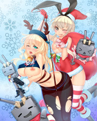 Rule 34 | &gt; &lt;, 10s, 2girls, :3, :p, anchor, antlers, atago (kancolle), bell, black eyes, blonde hair, blue eyes, blush, boots, breasts, christmas, closed eyes, clothes lift, collar, eyebrows, eyelashes, female focus, gloves, hairband, hat, horns, kadokawa shoten, kantai collection, large breasts, lifebuoy, looking at viewer, lucknight, multiple girls, navel, neck bell, nipples, one eye closed, open mouth, panties, pantyhose, rensouhou-chan, ribbon, sack, saliva, santa costume, santa hat, shimakaze (kancolle), shirt lift, small breasts, striped clothes, striped legwear, striped thighhighs, swim ring, thighhighs, tongue, tongue out, torn clothes, torn legwear, triangle mouth, underboob, underwear, wink