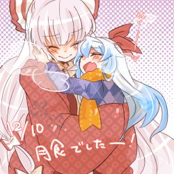 2girls :&gt; bad_id bad_pixiv_id blue_hair blush closed_eyes female_focus fujiwara_no_mokou halftone halftone_background hand_on_another&#039;s_face happy hat hug kamishirasawa_keine long_hair long_sleeves multiple_girls silver_hair sleeves_past_wrists smile takamura touhou