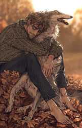 Rule 34 | 1boy, absurdres, animal, animal hug, barefoot, blue pants, blurry, blurry background, closed eyes, closed mouth, dog, facial hair, grey sweater, highres, leaf, light brown hair, long sleeves, male focus, nyeigneous, original, pants, sitting, solo, sweater