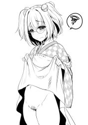 Rule 34 | apron, apron lift, blush, character name, checkered clothes, checkered kimono, closed mouth, clothes lift, clothes writing, cowboy shot, eburi a, embarrassed, female pubic hair, frilled apron, frills, frown, glasses, greyscale, groin, half-closed eyes, japanese clothes, kimono, lifted by self, looking away, looking down, monochrome, motoori kosuzu, navel, no panties, pubic hair, raised eyebrows, round eyewear, short hair, simple background, solo, speech bubble, spoken squiggle, squiggle, standing, strap slip, sweatdrop, touhou, two side up, white background