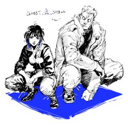 Rule 34 | 1boy, 1girl, batou (gits), blue hair, blunt bangs, commentary, eyelashes, fur-trimmed jacket, fur trim, ghost in the shell, jacket, kotteri, kusanagi motoko, looking at viewer, pants, partially colored, shoes, short hair, simple background, squatting