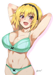 Rule 34 | 1girl, aoi manabu, armpits, arms behind head, black hairband, blonde hair, blush, bra, breasts, cleavage, collarbone, commission, dated, fang, green bra, green panties, groin, hairband, highres, higurashi no naku koro ni, houjou satoko, large breasts, navel, open mouth, panties, pixiv commission, red eyes, short hair, signature, simple background, smile, solo, underwear, white background