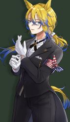 Rule 34 | 1girl, adjusting clothes, adjusting gloves, alternate costume, alternate hairstyle, american flag, american flag print, animal ears, armband, black jacket, black pants, blonde hair, blue eyes, blue hair, breast pocket, buttons, colored tips, eyelashes, feet out of frame, flag print, formal, gloves, green background, hair between eyes, hands up, highres, horse ears, horse girl, horse tail, jacket, long hair, long sleeves, looking at viewer, low ponytail, multicolored hair, obey your master (umamusume), pant suit, pants, parted lips, pocket, sashiumito, shirt, simple background, solo, standing, suit, tail, tailcoat, two-tone hair, umamusume, umamusume: cinderella gray, white gloves, white shirt