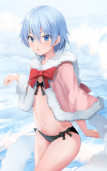 Rule 34 | 1girl, aisu (icicleshot), bikini, black bikini, black bow, blue eyes, blue hair, blush, bow, capelet, female focus, fur-trimmed capelet, fur trim, hair between eyes, highres, navel, open mouth, original, paw pose, pink capelet, red bow, short hair, solo, swimsuit, thighs