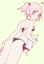 Rule 34 | 1girl, absurdres, ahoge, ass, bikini, black bikini, blush, breasts, eds, facing away, female focus, from behind, hair bobbles, hair ornament, halterneck, happy (eds), highres, looking back, original, pink eyes, pink hair, side-tie bikini bottom, simple background, small breasts, solo, swimsuit, twintails, wedgie, yellow background
