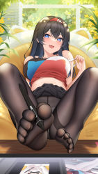 Rule 34 | 1girl, artist name, bare arms, between toes, black hair, black pantyhose, blue eyes, breasts, brown pantyhose, clothes lift, drawing, drawing tablet, feet, foot focus, holding with feet, fukuro daizi, hairband, highres, large breasts, long hair, mole, mole under eye, no shoes, original, panties, panties under pantyhose, pantyhose, pen, red hairband, see-through, see-through legwear, signature, skirt, skirt lift, soles, solo, strap slip, tank top, thighband pantyhose, toes, underwear, white panties, white pantyhose