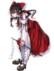 Rule 34 | 1girl, annin cha, bare shoulders, black footwear, blush, bow, brown eyes, brown hair, closed mouth, detached sleeves, frilled skirt, frills, full body, gohei, hair between eyes, hair bow, hair tubes, hakurei reimu, highres, holding, holding gohei, japanese clothes, long hair, looking at viewer, nontraditional miko, red bow, red skirt, ribbon-trimmed sleeves, ribbon trim, shoes, sidelocks, signature, simple background, skirt, socks, solo, touhou, white background, white sleeves, white socks, wide sleeves