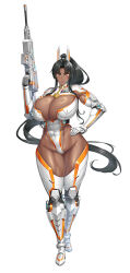 1girl armor black_hair breasts cleavage covered_erect_nipples curvy dark-skinned_female dark_skin elbow_gloves female_focus gloves gun hand_on_own_hip hand_up high_ponytail highleg highleg_leotard highres holding holding_weapon huge_breasts impossible_clothes leotard lilith-soft lips long_hair mirabell_bell muscular narrow_waist obui orange_eyes ponytail revealing_clothes shiny_skin sideboob simple_background sketch solo taimanin_(series) taimanin_rpgx thighs thong_leotard very_long_hair weapon white_leotard