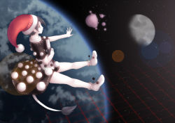 Rule 34 | 1girl, book, doremy sweet, dress, earth (planet), grid, hat, highres, lens flare, moon, nightcap, planet, pom pom (clothes), sky, space, star (sky), starry sky, tail, tapir tail, touhou, velkia