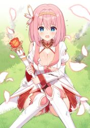 Rule 34 | 1girl, absurdres, blue eyes, blush, breasts, cleavage, dress, flying sweatdrops, grass, hair between eyes, hairband, highres, holding, holding wand, knees up, large breasts, long sleeves, looking at viewer, open mouth, petals, pink hair, princess connect!, sitting, solo, t@ke-g, thighhighs, torn clothes, wand, worried, yui (princess connect!)
