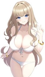 Rule 34 | 1girl, bikini, blonde hair, blue eyes, blush, bracelet, breasts, dolphin wave, highres, jewelry, kirahoshi kanna, large breasts, long hair, looking at viewer, navel, simple background, smile, solo, surippa1010, swimsuit, wavy hair, white background, white bikini