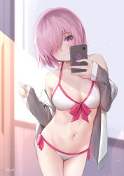 Rule 34 | 1girl, absurdres, bee doushi, bikini, blush, breasts, cleavage, fate/grand order, fate (series), hair over one eye, highres, jacket, light purple hair, long sleeves, looking at viewer, mash kyrielight, mash kyrielight (swimsuit of perpetual summer), medium breasts, navel, official alternate costume, purple eyes, revision, selfie, short hair, smile, solo, swimsuit, white bikini