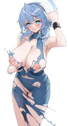 Rule 34 | 1girl, ako (blue archive), ako (dress) (blue archive), armpits, bare shoulders, blue archive, blue dress, blue eyes, blue hair, blue halo, blush, bracelet, breast press, breasts, cleft of venus, clenched teeth, cuffs, dress, earrings, halo, handcuffs, hands on own breasts, highres, huge breasts, jewelry, large breasts, long hair, looking at viewer, nipples, official alternate costume, pussy, sideless dress, simple background, single handcuff, sleeveless, sleeveless dress, solo, standing, teeth, torn clothes, torn dress, uncensored, white background, zhudouzi