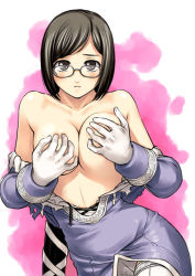 Rule 34 | 00s, 1girl, blue dragon, blue dragon ral, blue dragon ral&omega;grado, blue dragon ral omega grad, breasts, covering privates, covering breasts, cowboy shot, dress, glasses, gloves, large breasts, long sleeves, mio (blue dragon), solo, tanaka shoutarou, thighhighs, topless, upper body, white gloves