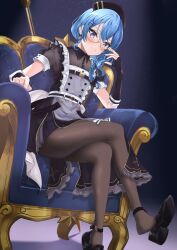 Rule 34 | 1girl, absurdres, adjusting eyewear, apron, blue eyes, blue hair, chair, crossed legs, fingerless gloves, glass, gloves, hair between eyes, hair ornament, hairclip, highres, hololive, hoshimachi suisei, hoshimachi suisei (maid), looking at viewer, maid, maid apron, maid headdress, mary janes, medium hair, official alternate costume, pantyhose, see-through, shoes, sitting, smile, solo, star (symbol), star in eye, symbol in eye, tilu, virtual youtuber