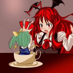 Rule 34 | 2girls, :o, ^^^, arms up, back, bad id, bad pixiv id, blue dress, blush, bow, breasts, collared shirt, commentary request, cup, daiyousei, dress, fairy wings, green hair, hair bow, hikage (around pass), in container, in cup, irony, koakuma, looking at another, lowres, mini person, minigirl, multiple girls, necktie, red eyes, red hair, red necktie, saucer, shirt, short hair, side ponytail, sidelocks, simple background, surprised, table, teacup, touhou, u3072u304bu3052, upper body, vest, white shirt, wings