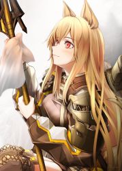 Rule 34 | 1girl, animal ears, arknights, blush, boots, brown hair, ceobe (arknights), cleaning, cleaning weapon, closed mouth, dog ears, highres, holding, long hair, long sleeves, looking up, polearm, red eyes, simple background, solo, thigh boots, thighhighs, weapon, yokaze (yokajie)