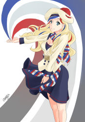 Rule 34 | 10s, 1girl, absurdres, anya, belt, beret, blonde hair, blue eyes, blue hair, breasts, cleavage, commandant teste (kancolle), double-breasted, dress, france, french flag, hat, highres, jacket, kantai collection, long hair, looking at viewer, matching hair/eyes, multicolored hair, pom pom (clothes), red hair, scarf, smile, solo, streaked hair, white hair