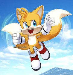 Rule 34 | 1boy, :d, absurdres, blue eyes, blue sky, cloud, flying, fox boy, full body, furry, furry male, gloves, highres, isa-415810, male focus, multiple tails, open mouth, shoes, sky, smile, solo, sonic (live action), sonic (series), sonic heroes, sonic the hedgehog 2 (film), tail, tails (sonic), two tails, white gloves