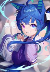 Rule 34 | 1girl, absurdres, ahoge, animal ears, aqua hair, arm support, blue eyes, blue hair, blue shirt, checkered floor, commentary, frilled skirt, frills, from behind, grin, hair ribbon, haksiga, heterochromia, highres, horse ears, horse girl, horse tail, leaning back, long hair, looking at viewer, looking back, miniskirt, multicolored hair, on floor, pleated skirt, pointing, pointing at self, puffy short sleeves, puffy sleeves, purple eyes, ribbon, sailor collar, school uniform, sharp teeth, shirt, short sleeves, sidelocks, sitting, skirt, smile, solo, tail, teeth, thighhighs, tracen school uniform, twin turbo (umamusume), twintails, two-tone hair, umamusume, white ribbon, white sailor collar, white skirt, white thighhighs