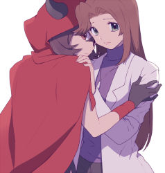 Rule 34 | 2girls, brown eyes, brown hair, cape, character request, closed mouth, commentary request, courtney (pokemon), creatures (company), daisy oak, eyelashes, fake horns, game freak, gloves, green eyes, hand on another&#039;s shoulder, hand up, hood, hood up, hooded cape, horns, jewelry, lab coat, long hair, looking at viewer, multiple girls, necklace, nintendo, pants, pokemon, pokemon adventures, purple shirt, red cape, shirt, short hair, team magma uniform, yui ko