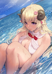 Rule 34 | 1girl, absurdres, bikini, blue sky, breasts, closed mouth, cloud, commentary request, day, hair ornament, hairclip, highres, hololive, horns, large breasts, long hair, looking at viewer, ocean, outdoors, purple eyes, sheep girl, sheep horns, sitting, sky, solo, swimsuit, takami masahiro, tsunomaki watame, virtual youtuber, wet, white bikini