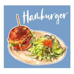 Rule 34 | blue background, border, burger, cheese, food, food focus, hayasegawayayoi, highres, lettuce, no humans, original, plate, still life, tomato, tomato slice, white border