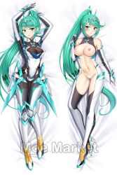 Rule 34 | 1girl, armor, arms up, blush, boots, breasts, cleavage, cleft of venus, closed mouth, dakimakura (medium), elbow gloves, female focus, gem, gloves, green eyes, green hair, hair ornament, headpiece, highres, jewelry, large breasts, linea alba, long hair, looking at viewer, lying, matching hair/eyes, naughty face, navel, nintendo, nipples, nude, open mouth, pneuma (xenoblade), ponytail, pussy, resized, shy, spoilers, swept bangs, thighhighs, third-party edit, tiara, uncensored, upscaled, very long hair, watermark, xenoblade chronicles (series), xenoblade chronicles 2, yuj (moemarket)